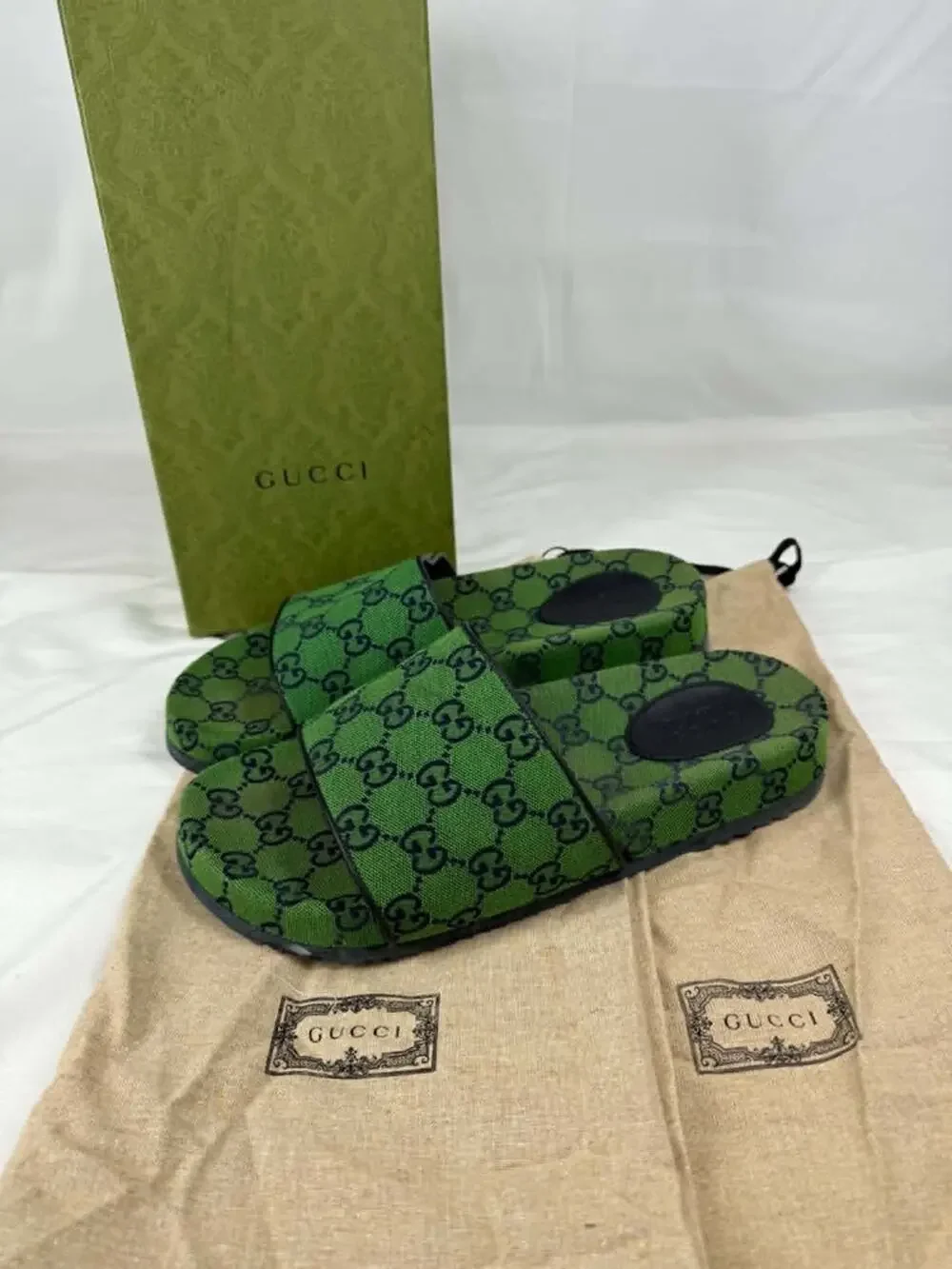 Gucci GG Monogram Sandals 665660 Green Canvas Mens US 9.5 SPB-TS 340692